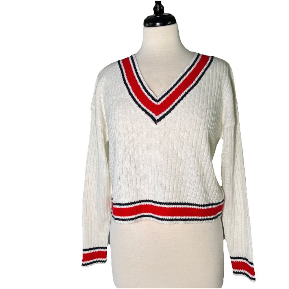 Divided Knit Crop Sweater Small Women's Preppy White w/ Red Trim